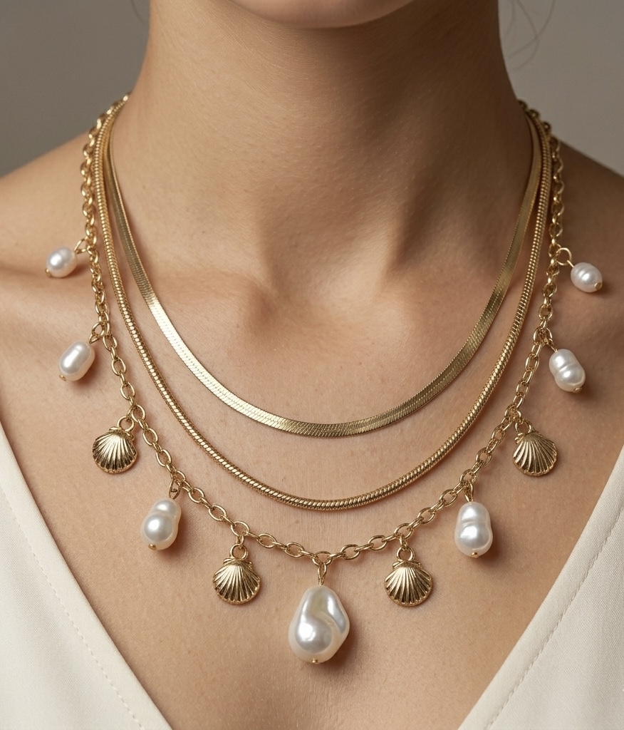 SEASHELL&BAROQUE PEARL TRIPLE-LAYERED NECKLACE RS07102 - Image 4
