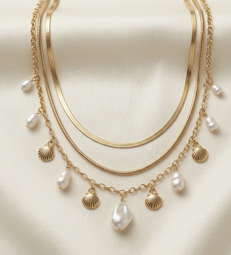 SEASHELL&BAROQUE PEARL TRIPLE-LAYERED NECKLACE RS07102