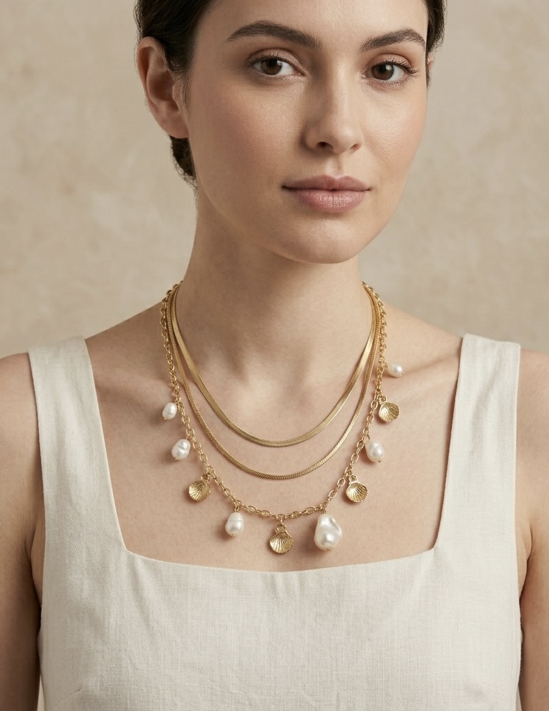 SEASHELL&BAROQUE PEARL TRIPLE-LAYERED NECKLACE RS07102 - Image 2