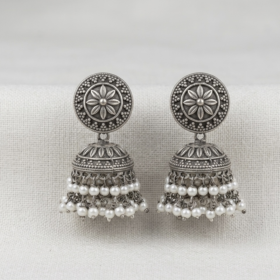 FLORAL MOTIF OXIDIZED JHUMKA RS04312